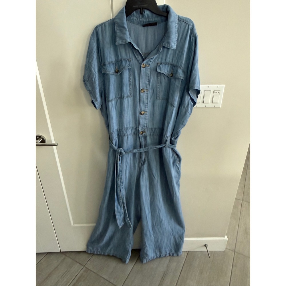 Lane Bryant Women 24 Blue Chambray Tencel Wide Leg Utility Jumpsuit Light Wash - Picture 2 of 5